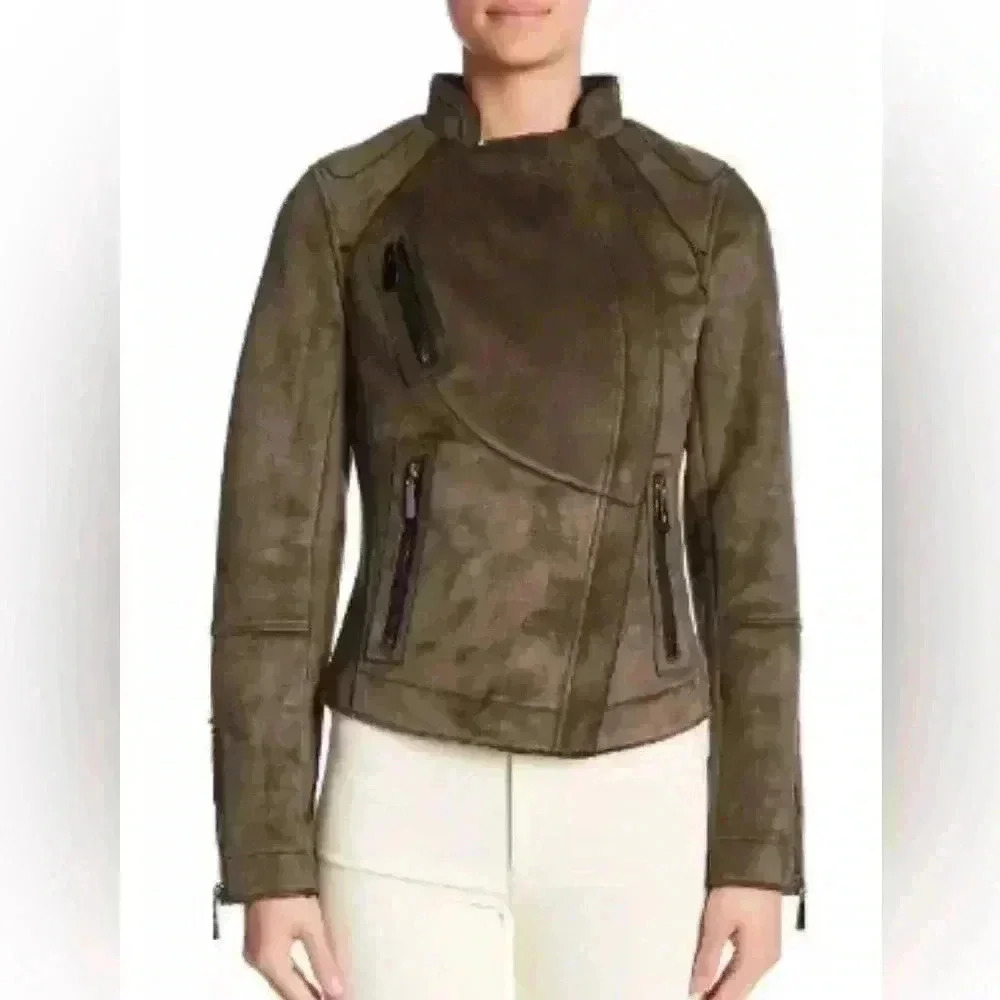VINCE CAMUTO OLIVE GREEN SYNTHETIC SUEDE ASYMMETRIC ZIPPER JACKET SIZE XS